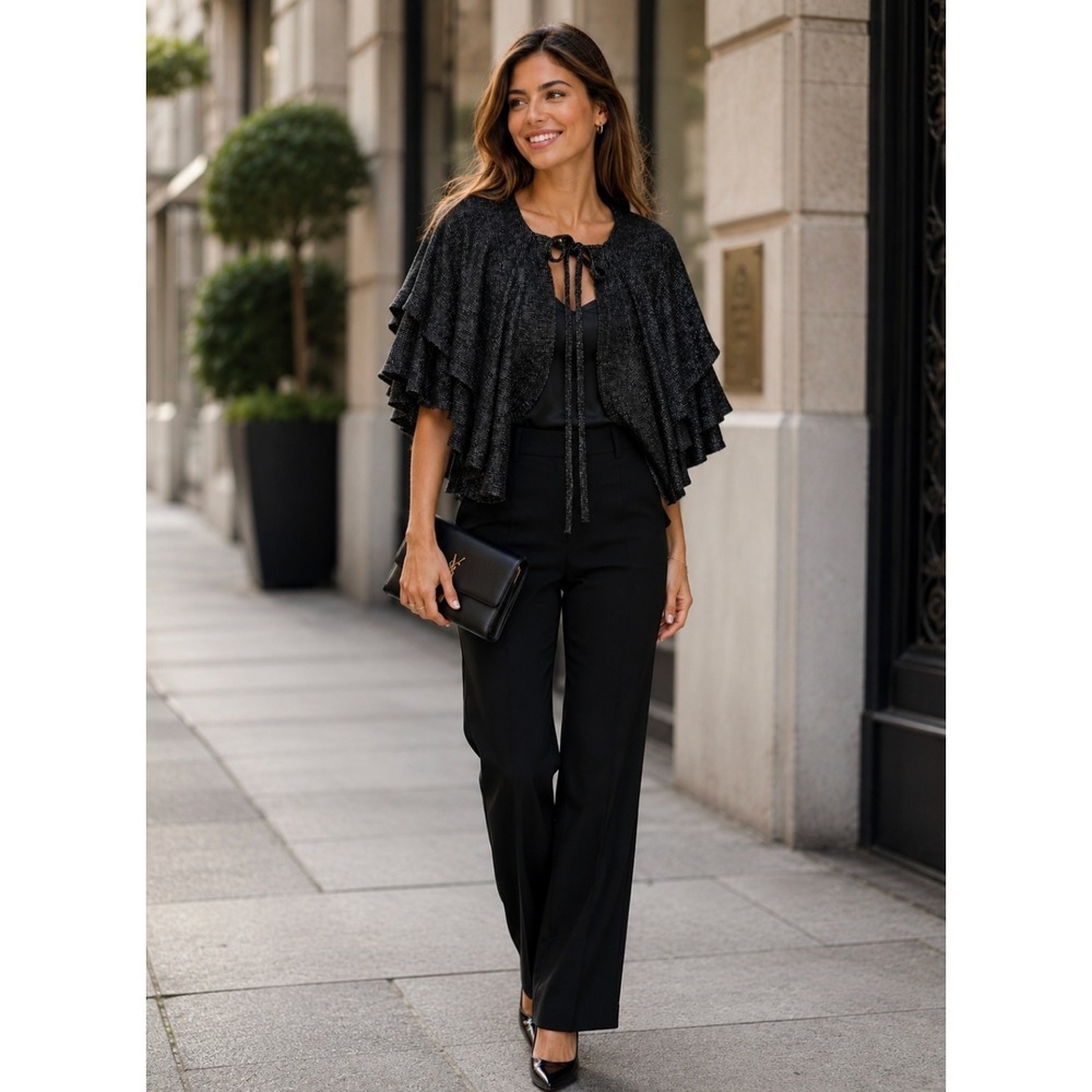 NWT!! ROBERT RODRIGUEZ Wool Blend Charcoal Ruffled Cardigan Cape Sweater X-Small